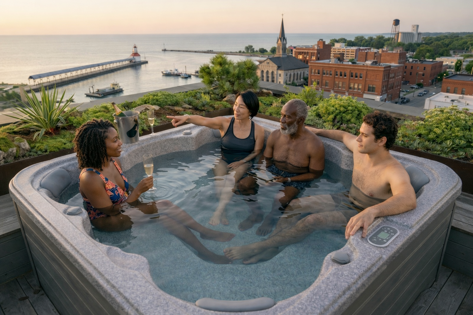 Guests enjoying a spa with Benton Harbor waterfront view