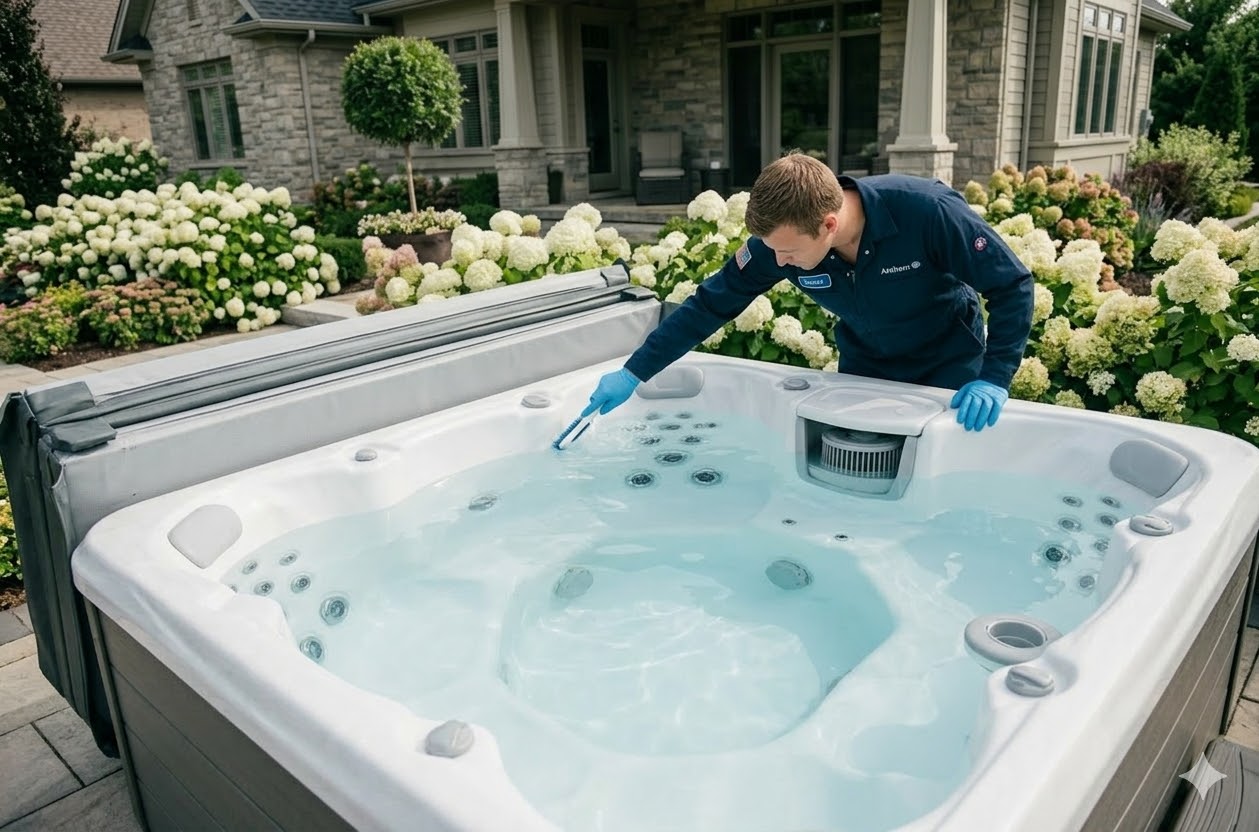 Technician brushing a freshly opened spa