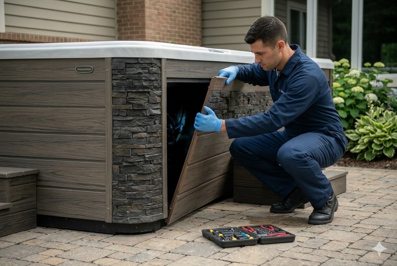 Technician servicing spa components behind an access panel