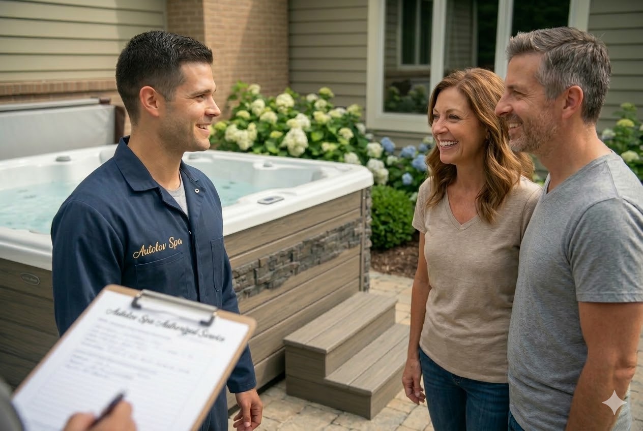 Autolov Spa technician speaking with customers beside a spa