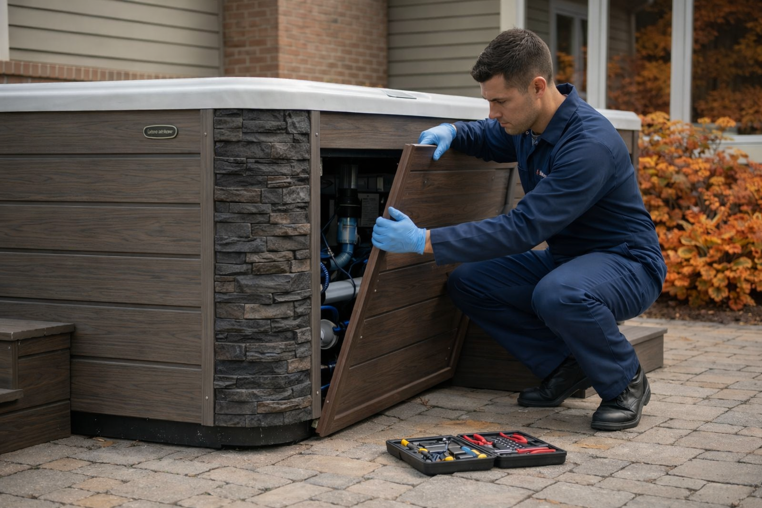 Autolov Spa technician opening a spa access panel for service